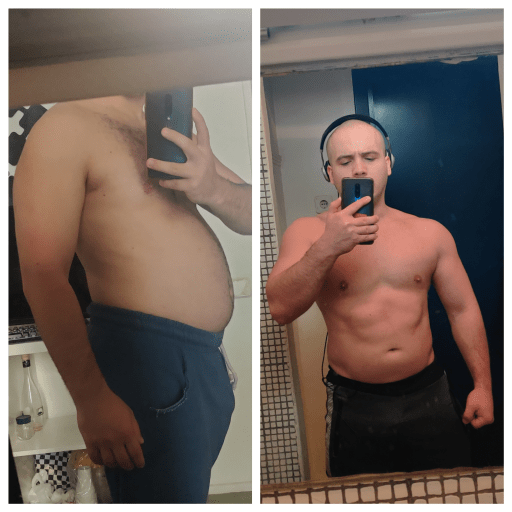 A photo of a 5'3" man showing a weight cut from 180 pounds to 163 pounds. A total loss of 17 pounds.