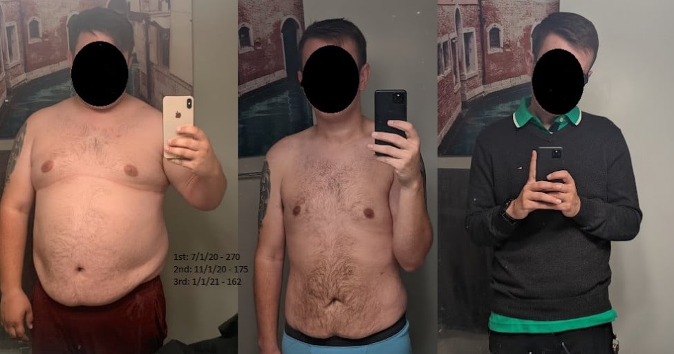 A progress pic of a 5'7" man showing a fat loss from 270 pounds to 162 pounds. A total loss of 108 pounds.