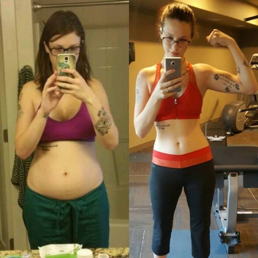A progress pic of a 5'11" woman showing a fat loss from 175 pounds to 136 pounds. A respectable loss of 39 pounds.