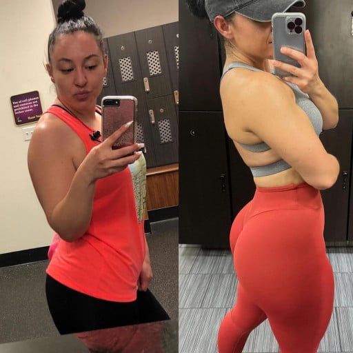 A progress pic of a 5'6" woman showing a fat loss from 150 pounds to 130 pounds. A respectable loss of 20 pounds.