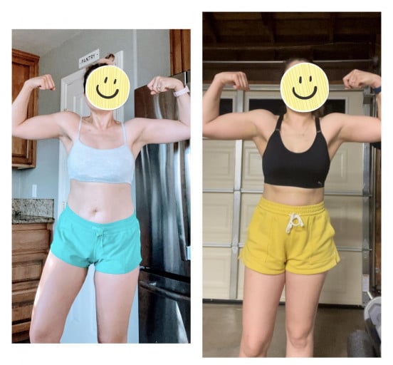 A before and after photo of a 5'6" female showing a weight bulk from 150 pounds to 160 pounds. A net gain of 10 pounds.
