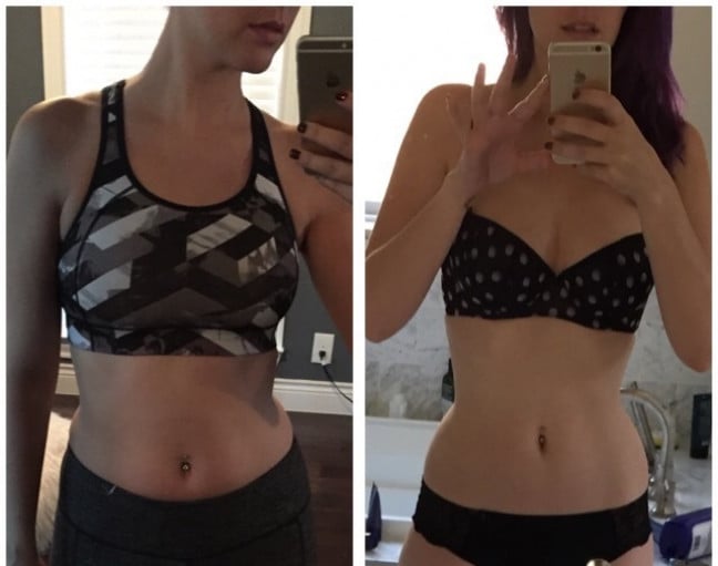 A photo of a 5'2" woman showing a weight cut from 126 pounds to 111 pounds. A net loss of 15 pounds.