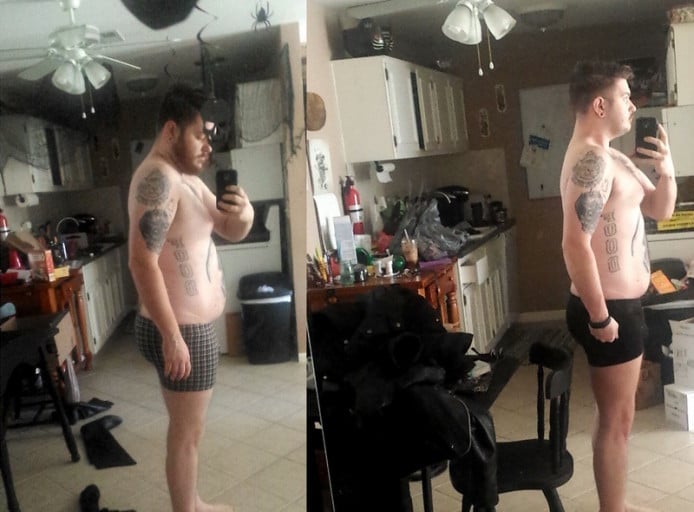 A picture of a 5'11" male showing a weight reduction from 245 pounds to 203 pounds. A net loss of 42 pounds.