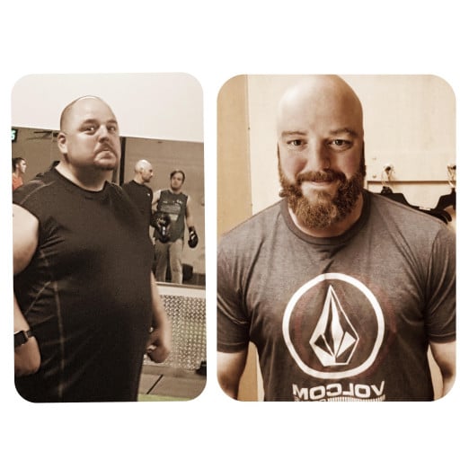 A photo of a 6'3" man showing a weight cut from 330 pounds to 220 pounds. A total loss of 110 pounds.