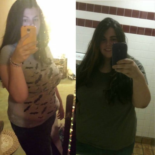 A progress pic of a 5'7" woman showing a fat loss from 302 pounds to 225 pounds. A net loss of 77 pounds.