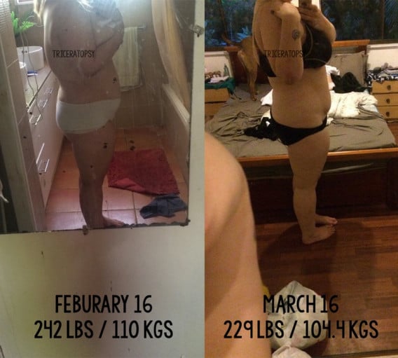 A progress pic of a 5'4" woman showing a weight reduction from 242 pounds to 229 pounds. A net loss of 13 pounds.