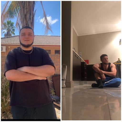 A picture of a 5'11" male showing a weight loss from 319 pounds to 209 pounds. A net loss of 110 pounds.