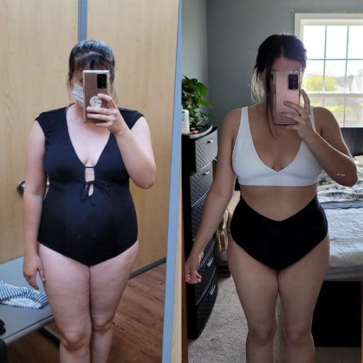 A photo of a 5'5" woman showing a weight cut from 205 pounds to 175 pounds. A net loss of 30 pounds.