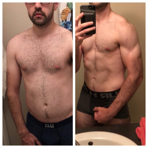 A before and after photo of a 5'9" male showing a weight reduction from 165 pounds to 155 pounds. A respectable loss of 10 pounds.