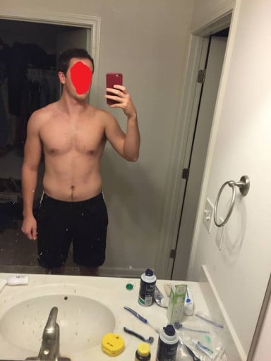A before and after photo of a 6'1" male showing a weight bulk from 165 pounds to 181 pounds. A total gain of 16 pounds.
