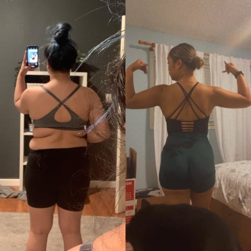 A progress pic of a 5'3" woman showing a fat loss from 200 pounds to 144 pounds. A net loss of 56 pounds.