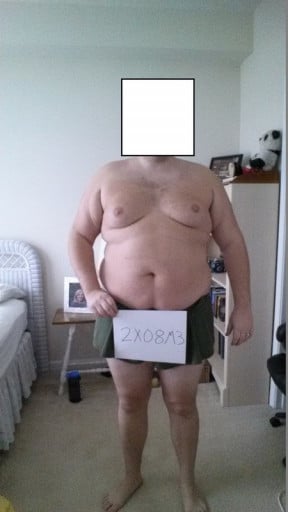 A before and after photo of a 6'0" male showing a snapshot of 308 pounds at a height of 6'0