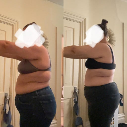A picture of a 5'8" female showing a weight loss from 270 pounds to 260 pounds. A net loss of 10 pounds.