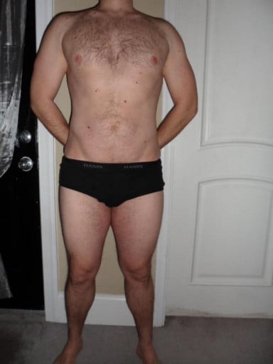 A before and after photo of a 6'1" male showing a snapshot of 210 pounds at a height of 6'1