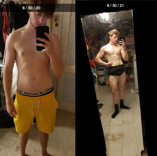 A before and after photo of a 6'0" male showing a weight gain from 140 pounds to 167 pounds. A respectable gain of 27 pounds.