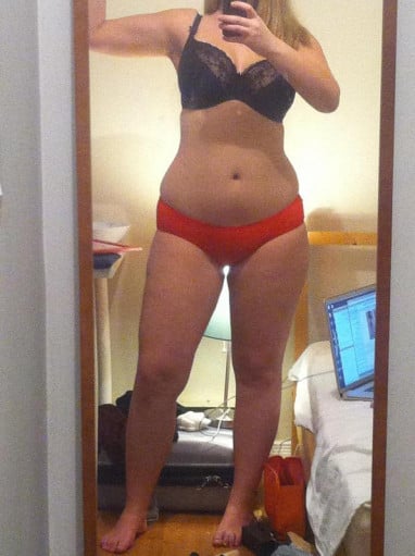 A progress pic of a 5'9" woman showing a weight reduction from 192 pounds to 180 pounds. A total loss of 12 pounds.