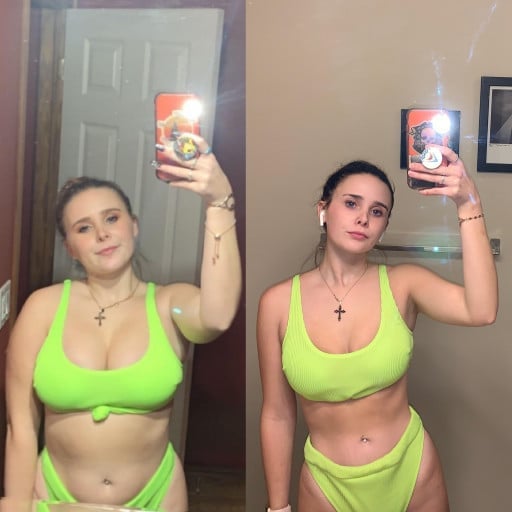 A progress pic of a 5'1" woman showing a fat loss from 147 pounds to 103 pounds. A respectable loss of 44 pounds.