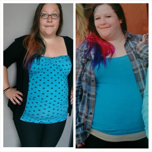 A before and after photo of a 5'2" female showing a weight reduction from 216 pounds to 198 pounds. A net loss of 18 pounds.
