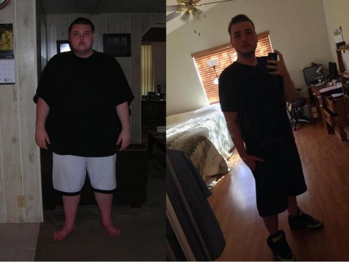 A before and after photo of a 6'4" male showing a weight reduction from 450 pounds to 250 pounds. A total loss of 200 pounds.