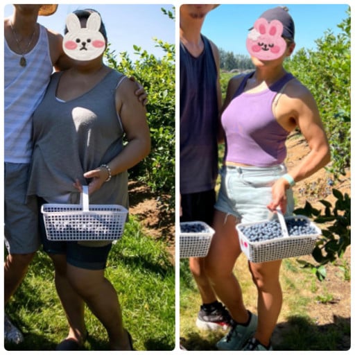 A progress pic of a 5'0" woman showing a fat loss from 215 pounds to 135 pounds. A total loss of 80 pounds.