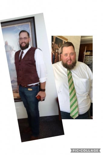 A progress pic of a 6'4" man showing a fat loss from 520 pounds to 250 pounds. A total loss of 270 pounds.