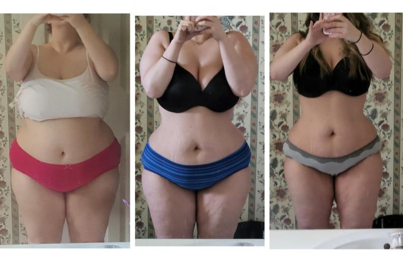 A before and after photo of a 5'0" female showing a snapshot of 230 pounds at a height of 5'0