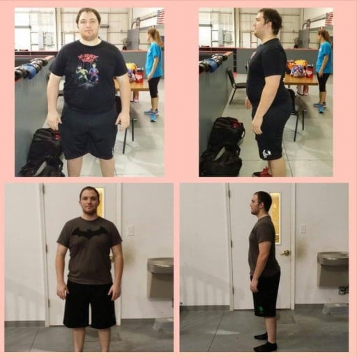 A before and after photo of a 5'9" male showing a weight reduction from 317 pounds to 215 pounds. A respectable loss of 102 pounds.