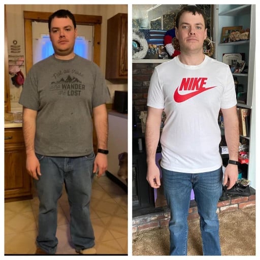 A progress pic of a 5'9" man showing a fat loss from 245 pounds to 193 pounds. A respectable loss of 52 pounds.