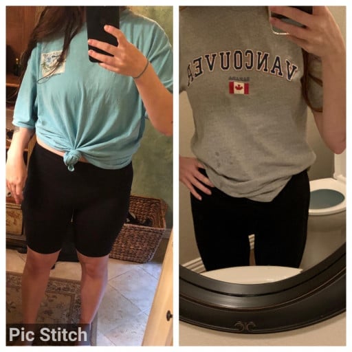 A progress pic of a 5'7" woman showing a fat loss from 180 pounds to 130 pounds. A respectable loss of 50 pounds.