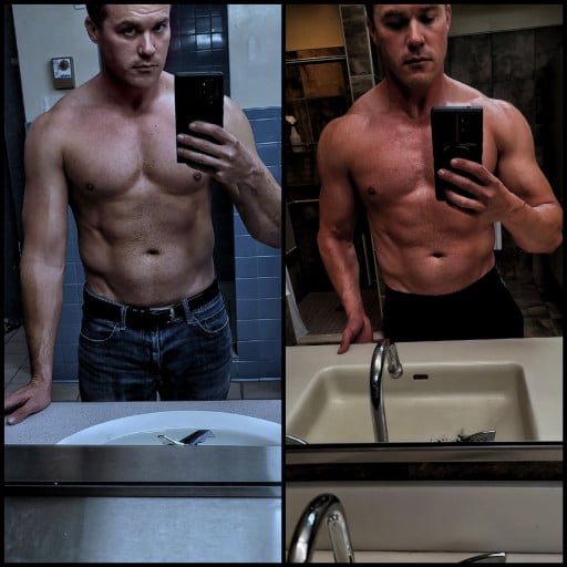 A progress pic of a 5'8" man showing a muscle gain from 155 pounds to 181 pounds. A net gain of 26 pounds.