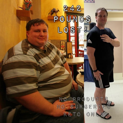 A before and after photo of a 6'4" male showing a weight reduction from 550 pounds to 308 pounds. A total loss of 242 pounds.