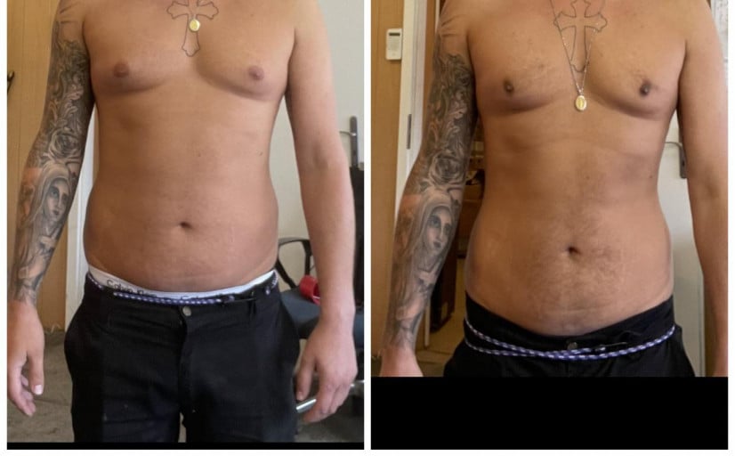 A progress pic of a 6'6" man showing a fat loss from 245 pounds to 225 pounds. A respectable loss of 20 pounds.