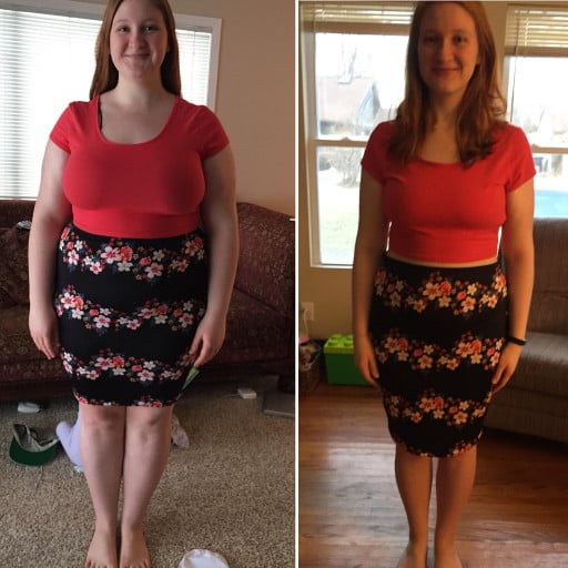 A before and after photo of a 5'6" female showing a weight reduction from 238 pounds to 166 pounds. A respectable loss of 72 pounds.