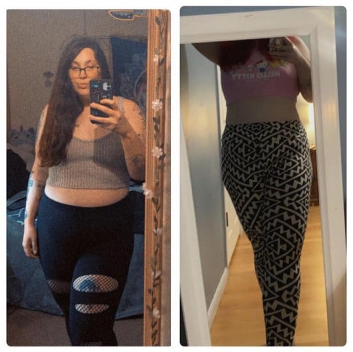 A before and after photo of a 5'8" female showing a weight reduction from 256 pounds to 226 pounds. A respectable loss of 30 pounds.