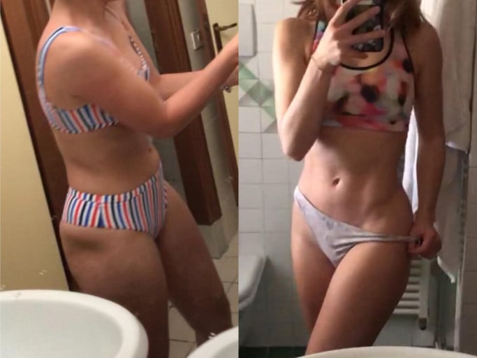 A before and after photo of a 5'5" female showing a weight reduction from 137 pounds to 121 pounds. A total loss of 16 pounds.
