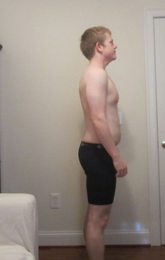 A picture of a 5'7" male showing a weight reduction from 158 pounds to 150 pounds. A total loss of 8 pounds.