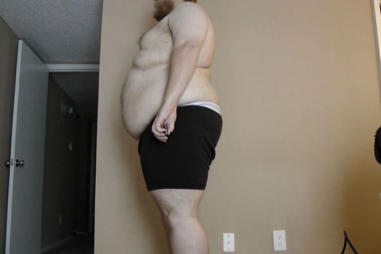 A before and after photo of a 6'3" male showing a snapshot of 426 pounds at a height of 6'3