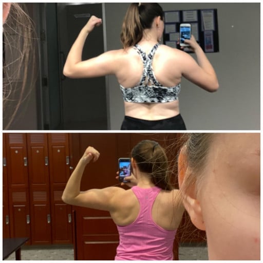 A progress pic of a 5'8" woman showing a fat loss from 172 pounds to 158 pounds. A total loss of 14 pounds.