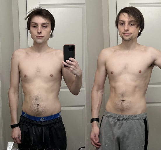 A photo of a 5'10" man showing a muscle gain from 122 pounds to 133 pounds. A net gain of 11 pounds.