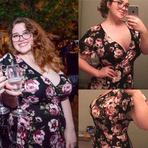 A before and after photo of a 5'5" female showing a weight reduction from 230 pounds to 192 pounds. A respectable loss of 38 pounds.