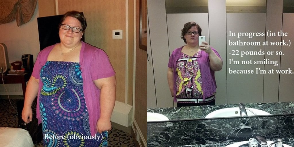 A before and after photo of a 5'2" female showing a weight reduction from 306 pounds to 285 pounds. A total loss of 21 pounds.