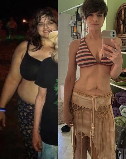 A before and after photo of a 5'5" female showing a weight reduction from 235 pounds to 125 pounds. A respectable loss of 110 pounds.