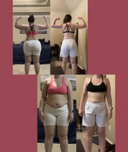 A before and after photo of a 5'8" female showing a weight reduction from 213 pounds to 165 pounds. A total loss of 48 pounds.