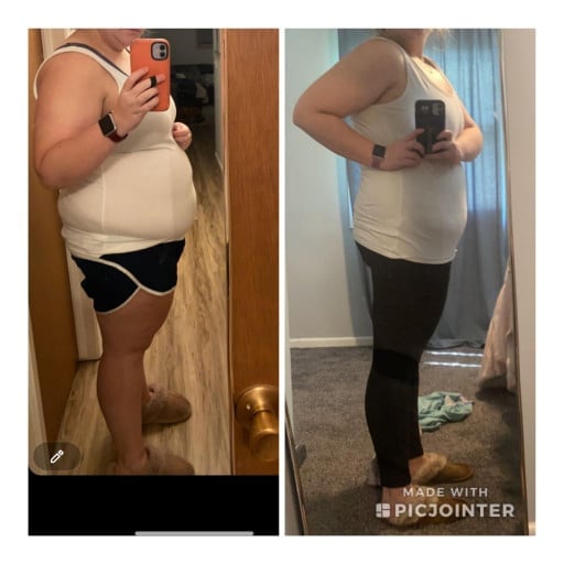 A progress pic of a 5'3" woman showing a fat loss from 247 pounds to 200 pounds. A respectable loss of 47 pounds.