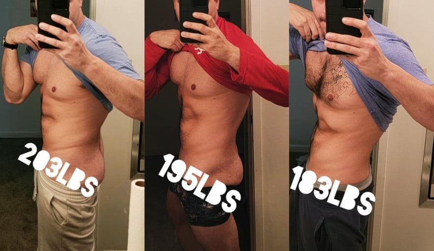 A picture of a 5'11" male showing a weight loss from 203 pounds to 183 pounds. A net loss of 20 pounds.