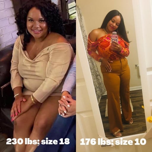 A progress pic of a 5'2" woman showing a fat loss from 230 pounds to 176 pounds. A respectable loss of 54 pounds.