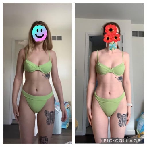 A photo of a 5'4" woman showing a weight cut from 117 pounds to 110 pounds. A total loss of 7 pounds.