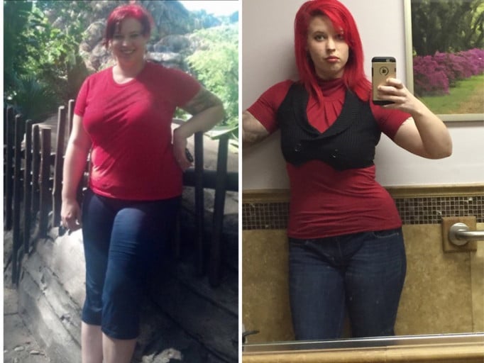 A picture of a 5'9" female showing a weight cut from 220 pounds to 170 pounds. A total loss of 50 pounds.