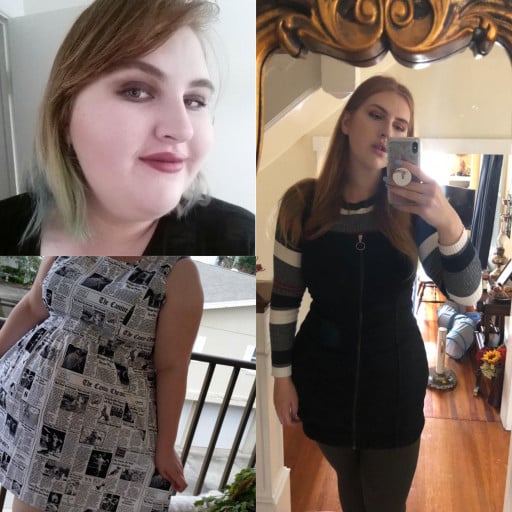 A picture of a 6'1" female showing a weight loss from 367 pounds to 225 pounds. A total loss of 142 pounds.