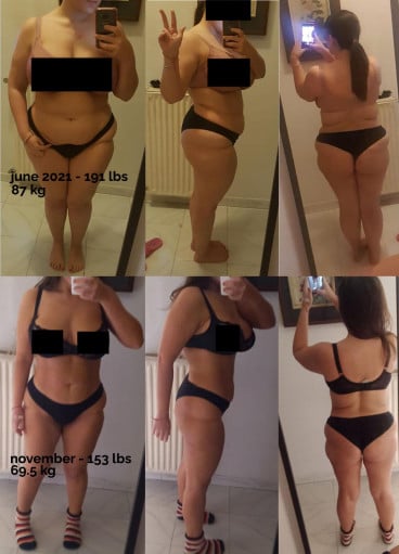 5 foot Female Progress Pics of 38 lbs Fat Loss 191 lbs to 153 lbs